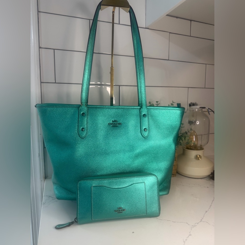 Coach Metallic Teal Tote with Matching Wallet